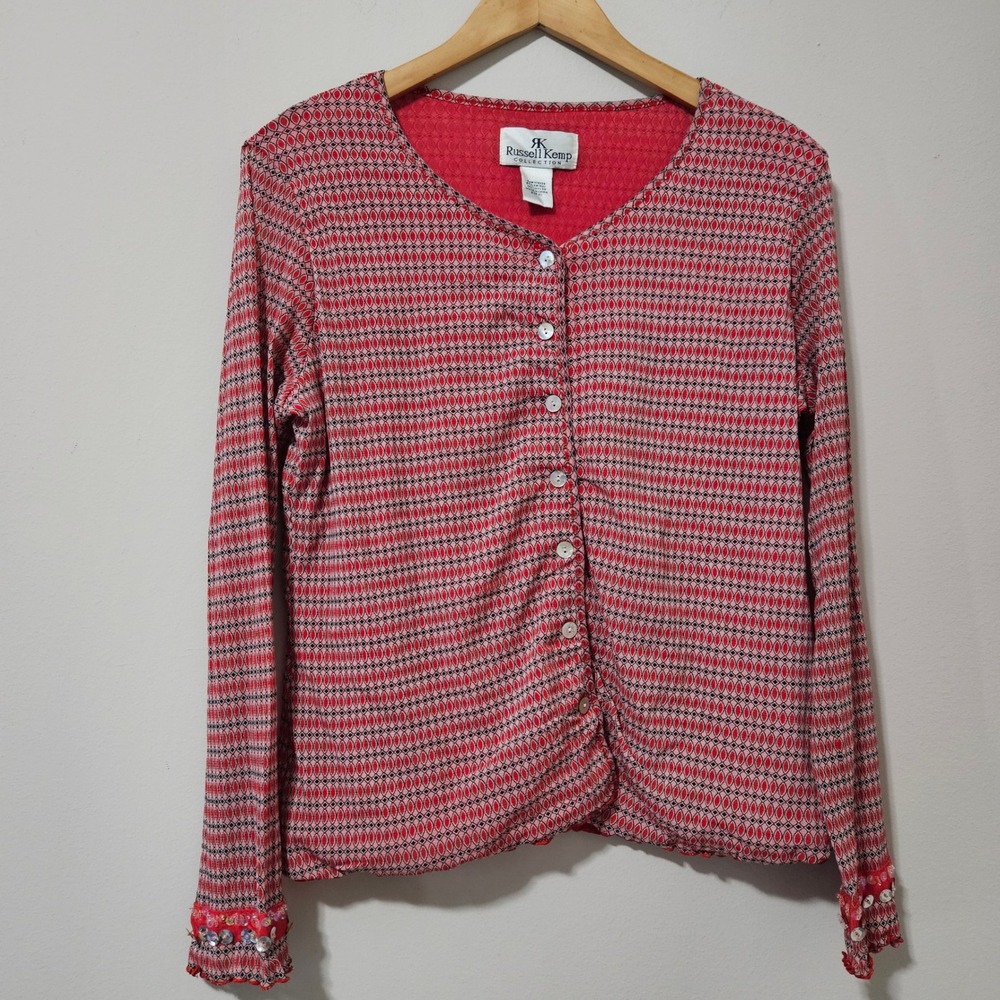 Russell Kemp Collection Red Geometric Mesh‎ Cardigan Top Embellished Cuffs XL